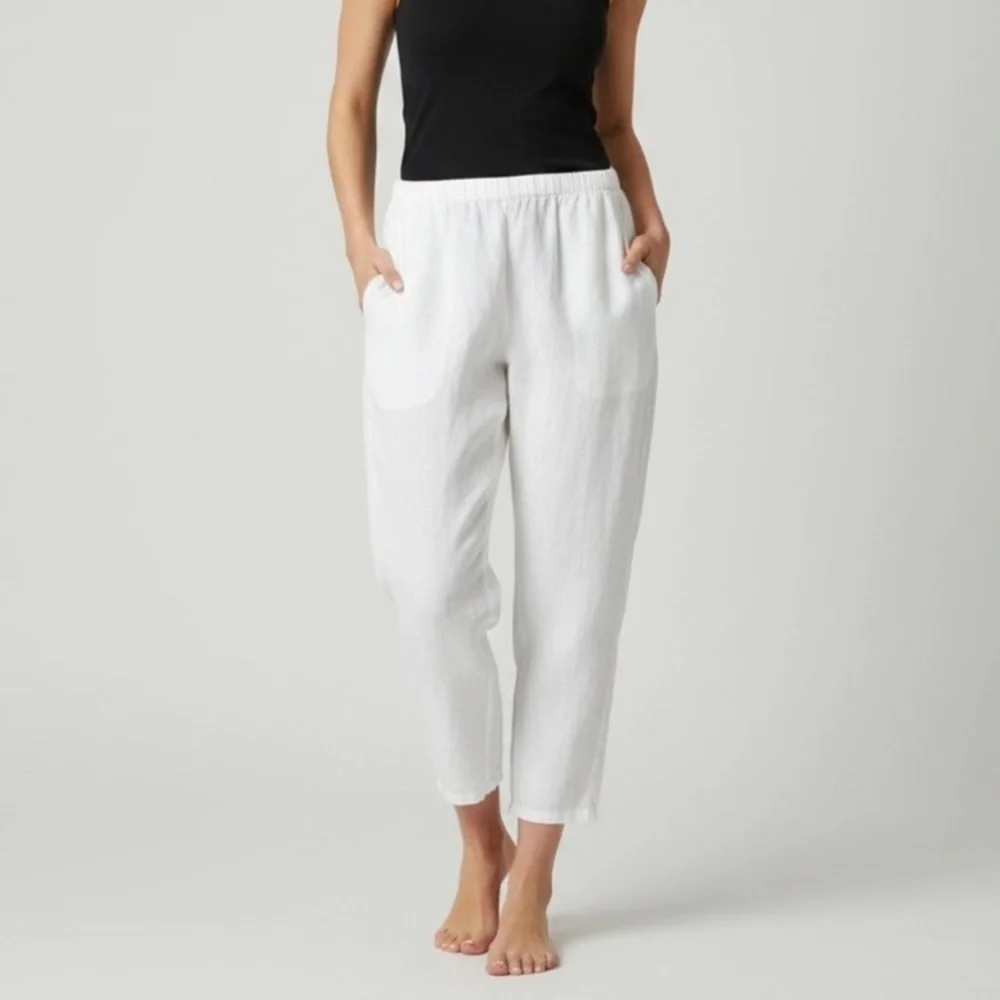 FLAX Relaxed Barrel Leg White Linen Casual Lounge Ankle Pants - Picture 1 of 7